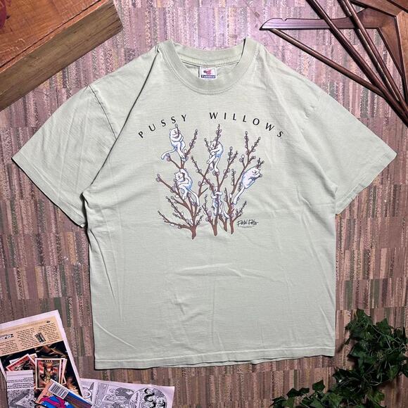Vintage 90s Single Stitch Funny Cat Tee Mens XL Green Comedy Humor Willows Shirt - Picture 1 of 5